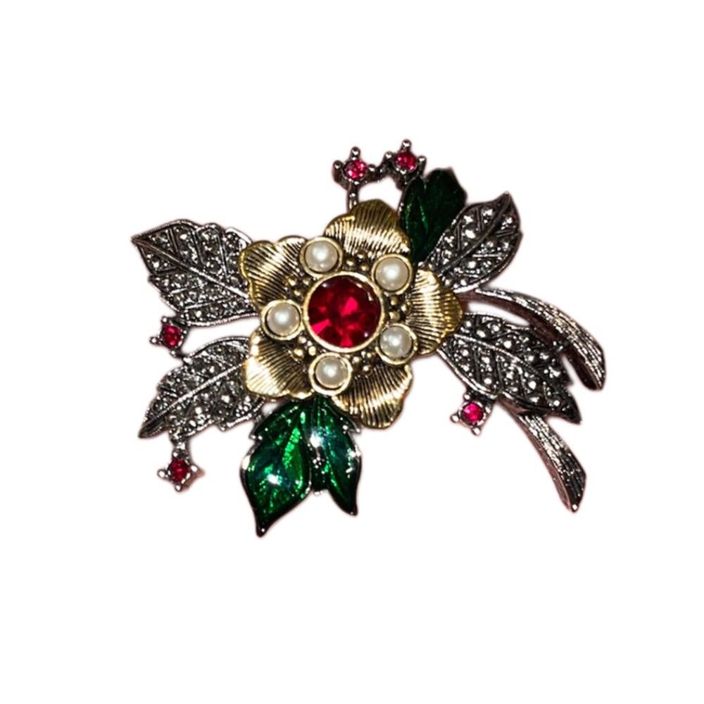 Vintage Holiday Brooch Pin Floral Gold Tone Multicolor Stones - Approx. 2" - EUC